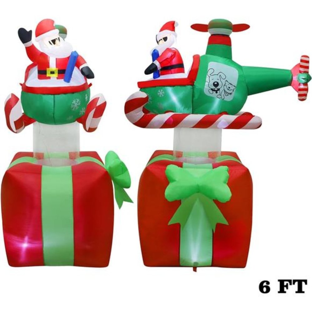 Christmas Inflatable 6FT Inflatable Xmas Santa Claus with Helicopter on Gift Box